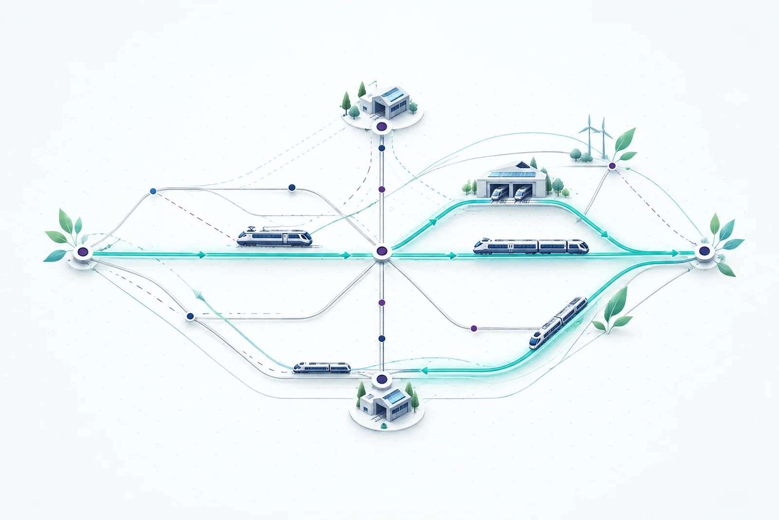 Schematische Darstellung eines optimierten Lokumlaufs mit Depots, Wartung und mehreren Zugläufen