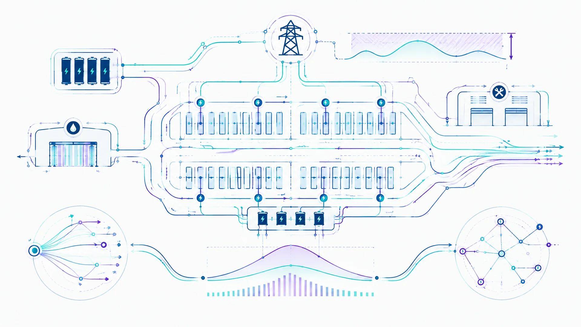 Schematischer E-Bus-Betriebshof mit Lade-, Werkstatt- und Abstellprozessen