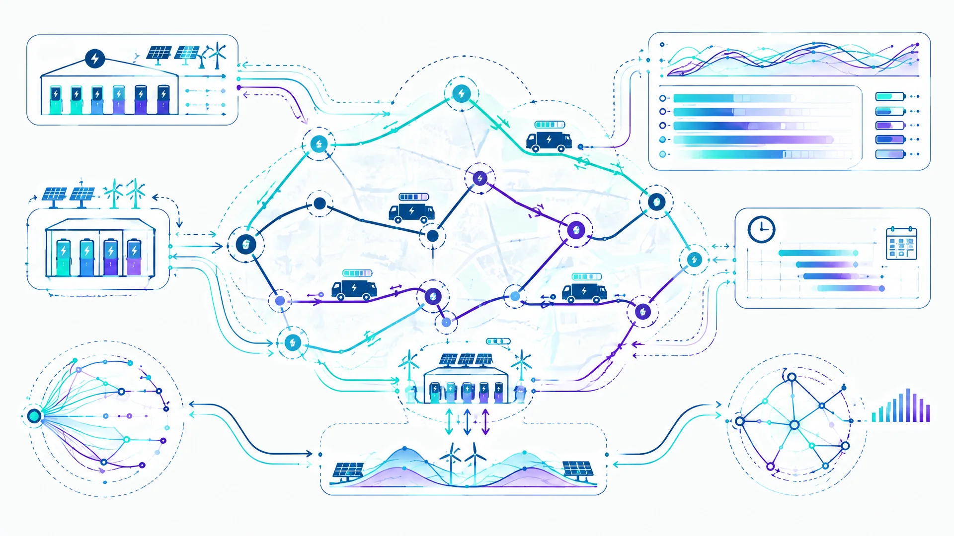 Schematisches Touren-, Lade- und Energienetz für elektrische Lkw