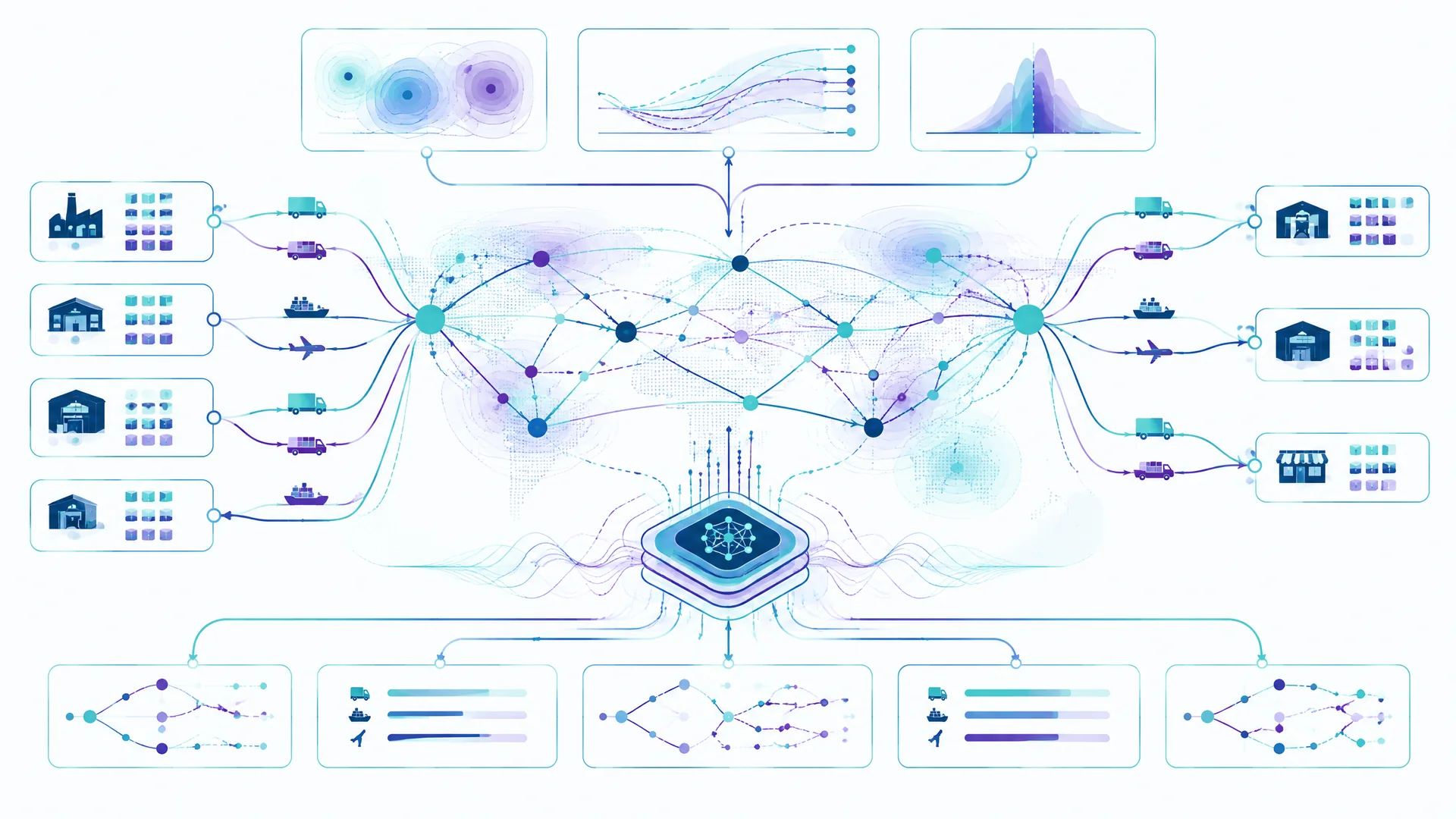 Schematisches Lieferkettennetz mit Prognose, Szenarien und Optimierung
